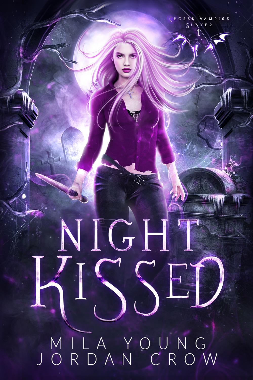 A close-up image of the Night Kissed Paperback with a captivating title font