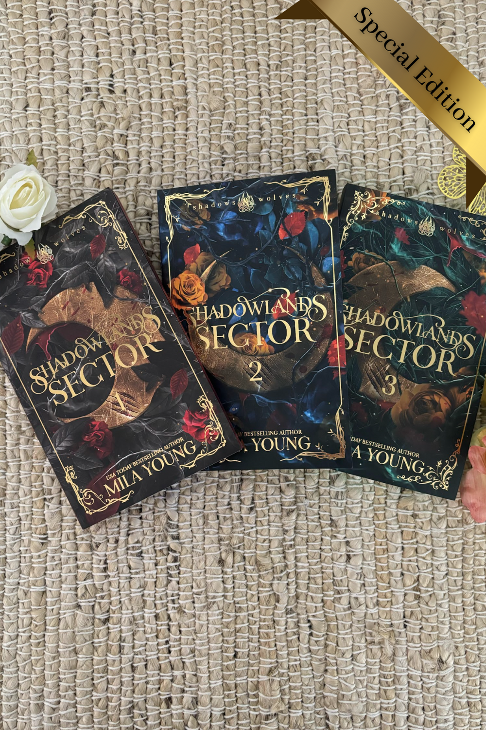 Close-up of the three books in the *NEW* Shadowlands Sector Special Edition 3 Book Bundle, showcasing exquisite detailing and embossed logos