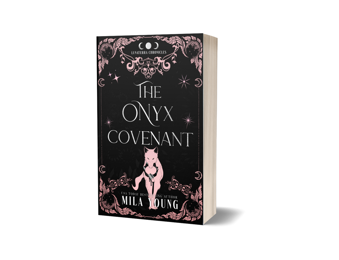 *NEW* The Onyx Covenant Paperback cover featuring a mystical wolf shifter and a woman in a forest with a moon in the background