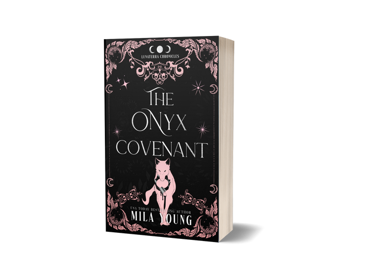 *NEW* The Onyx Covenant Paperback cover featuring a mystical wolf shifter and a woman in a forest with a moon in the background