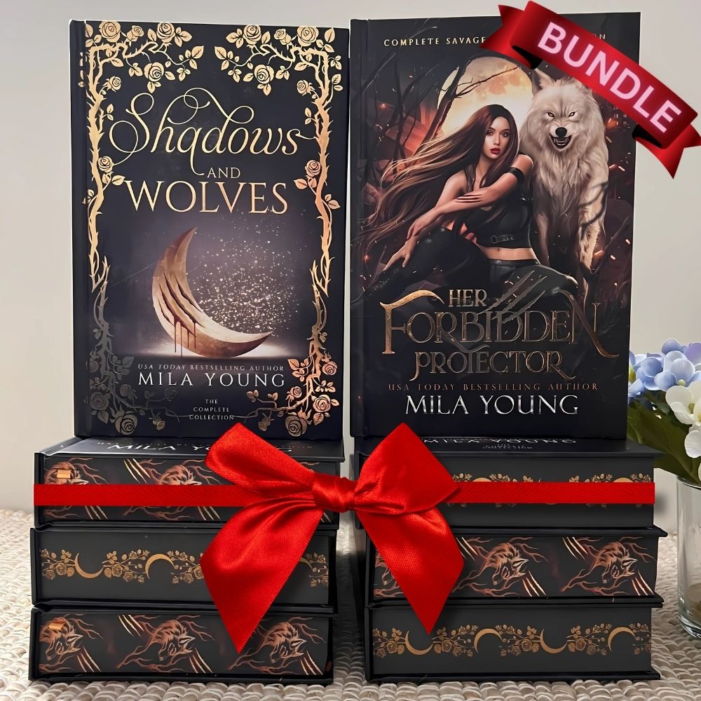 
Illustration of *NEW BUNDLE* Wolf Shifter Duet hardback book with gold foil cover and wolf print edging