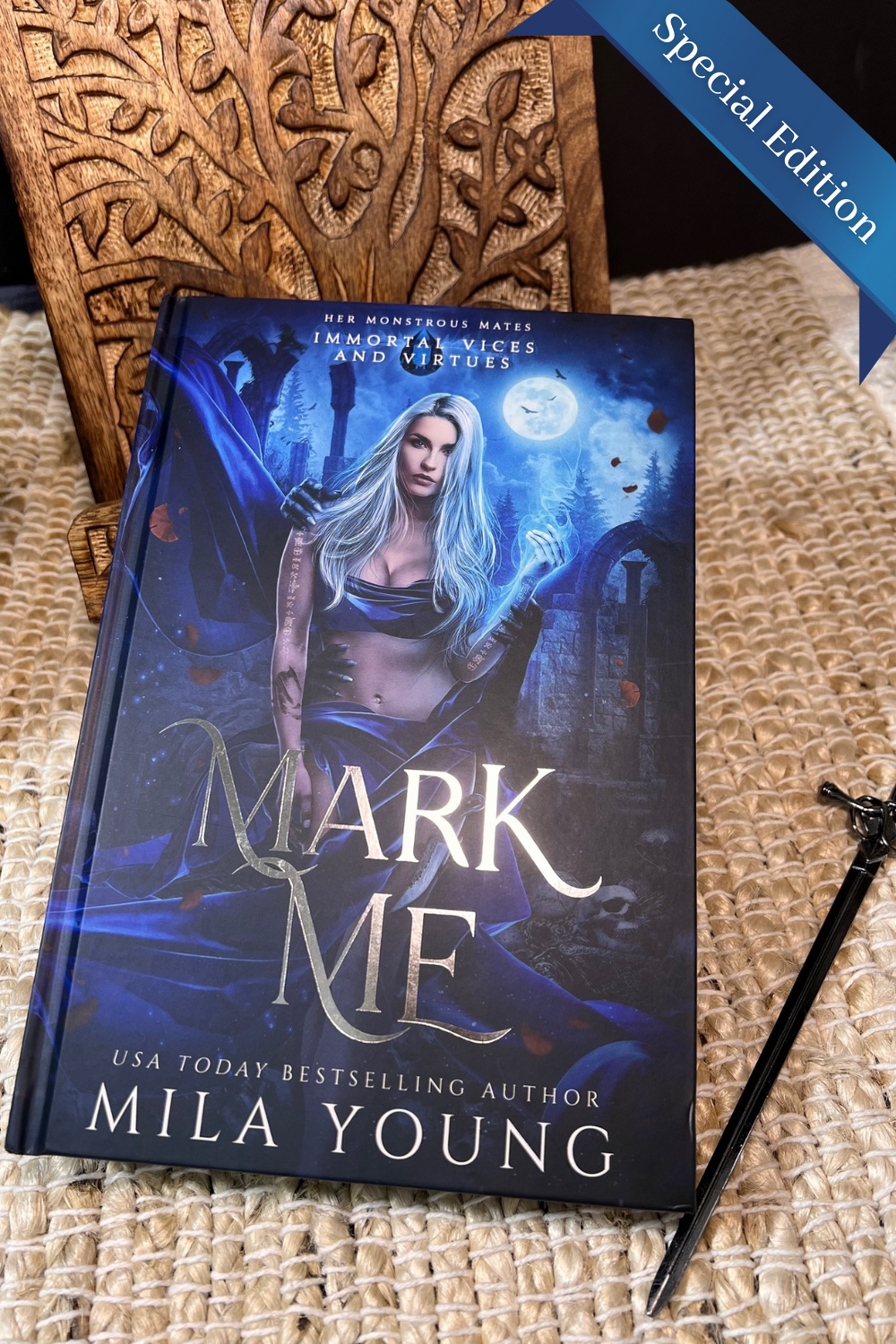 Mark Me - Special Edition Hardback book cover with gold foil details and embossed lettering on dark blue background