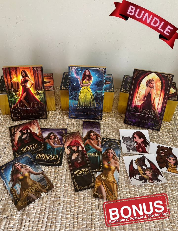 Three-book bundle of the Haven Realm Special Edition series with gold foil, interior artwork, and exclusive fairytale stickers, featuring captivating reverse harem, fairytale retellings, and shifter romance