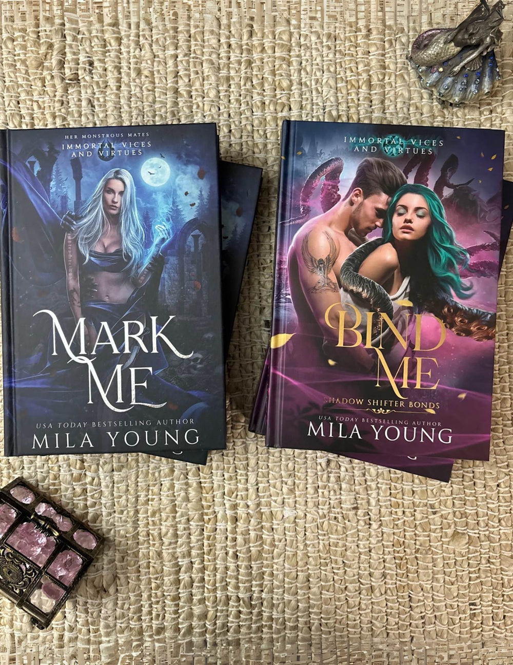 
Limited Edition Bundle Mark Me & Bind Me Pack with Bonus Plushie hardback book cover depicting a fierce heroine and three enigmatic figures in a world of fantasy and romance