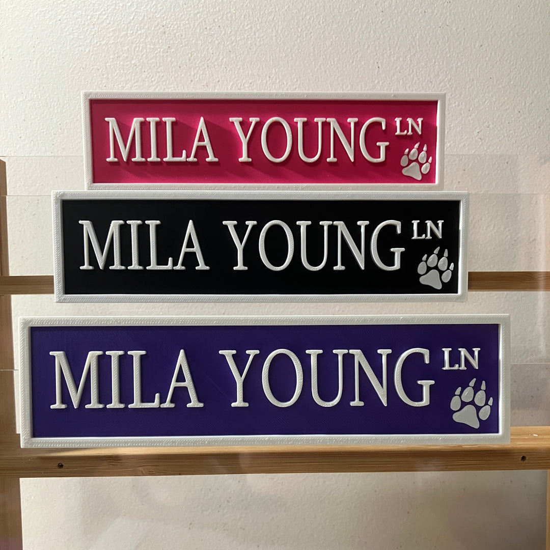 Yellow 3D printed Mila Young Lane street sign showcasing the zone dedicated to Mila Young on a neatly organised bookshelf