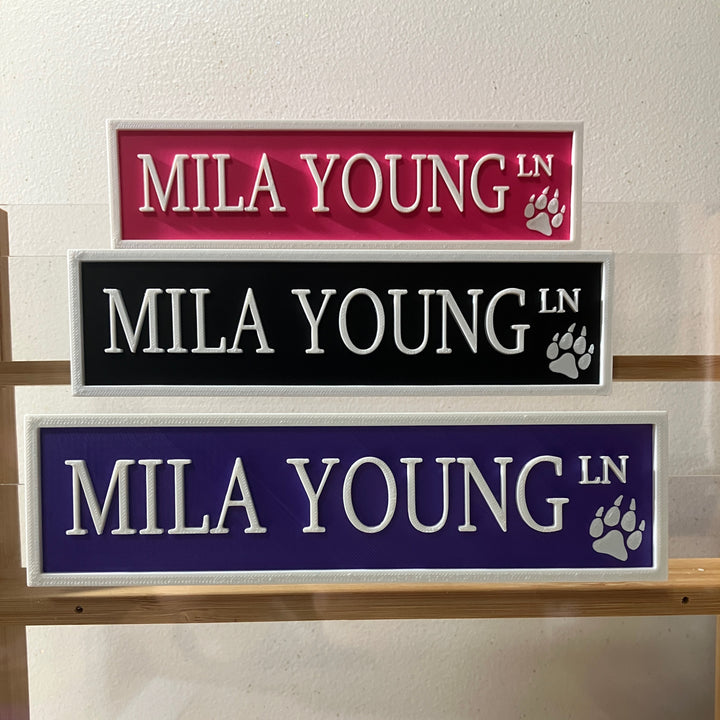 Yellow 3D printed Mila Young Lane street sign showcasing the zone dedicated to Mila Young on a neatly organised bookshelf