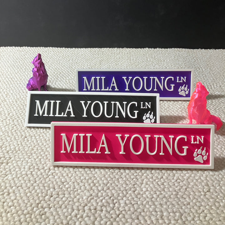 Purple 3D printed Mila Young Lane street sign highlighting Mila Young's designated section on a bookshelf in various colours