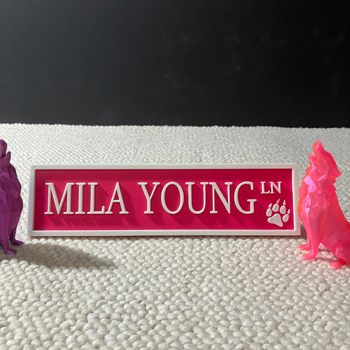Bright blue 3D printed Mila Young Lane street sign indicating the designated zone for Mila Young on a bookshelf