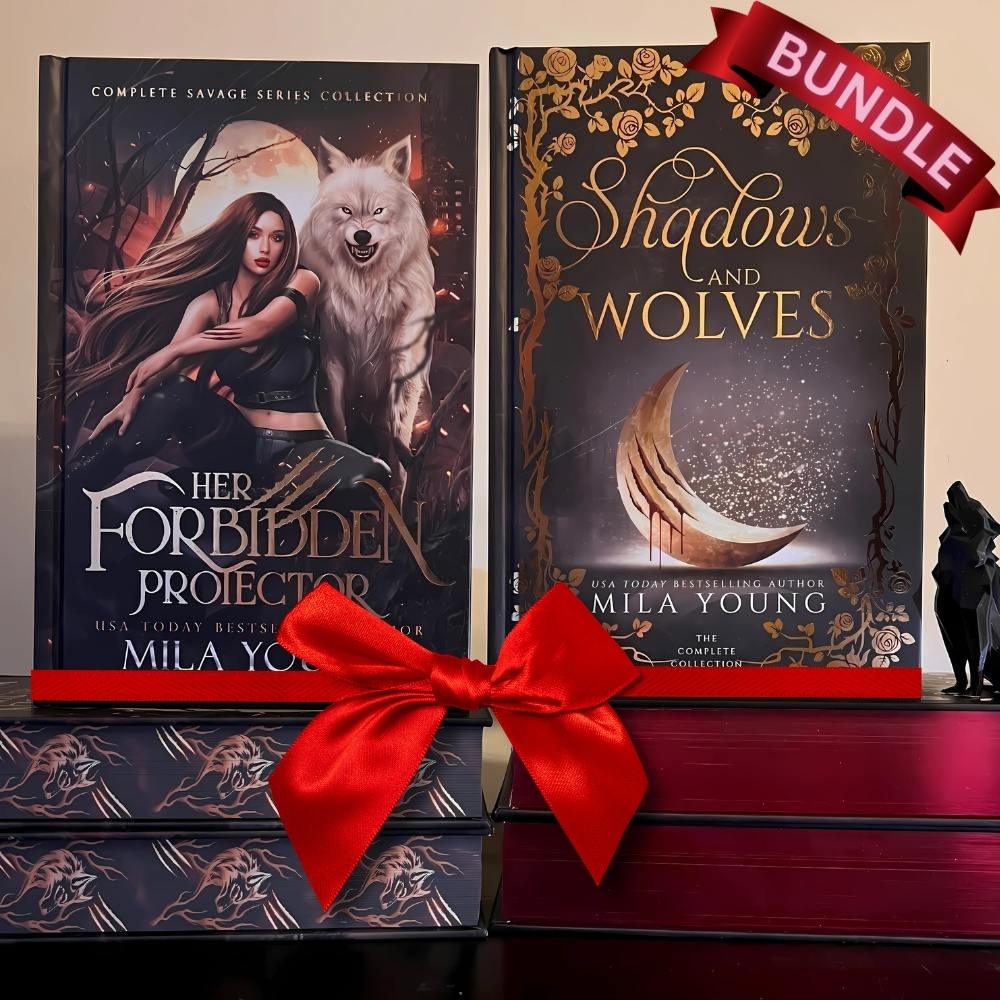 A stunning hardback edition with a gold foil cover and wolf print edges showcasing the *NEW BUNDLE* Wolf Shifter Duet series