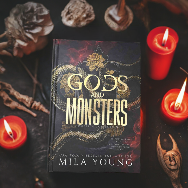 
Gods and Monsters Special Edition Foil Hardback Book with Gold Foiled Covers, Interior Color Artwork, Character Cards, and Sticker Set in 6 x 9 Size Signed by Mila Young in Australia